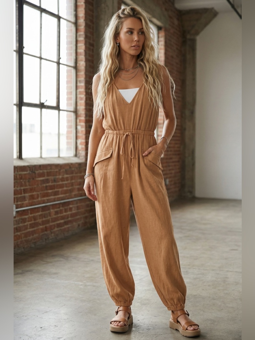 NWT Eesome Camel Washed Jogger Jumper Jumpsuit - Picture 3 of 5